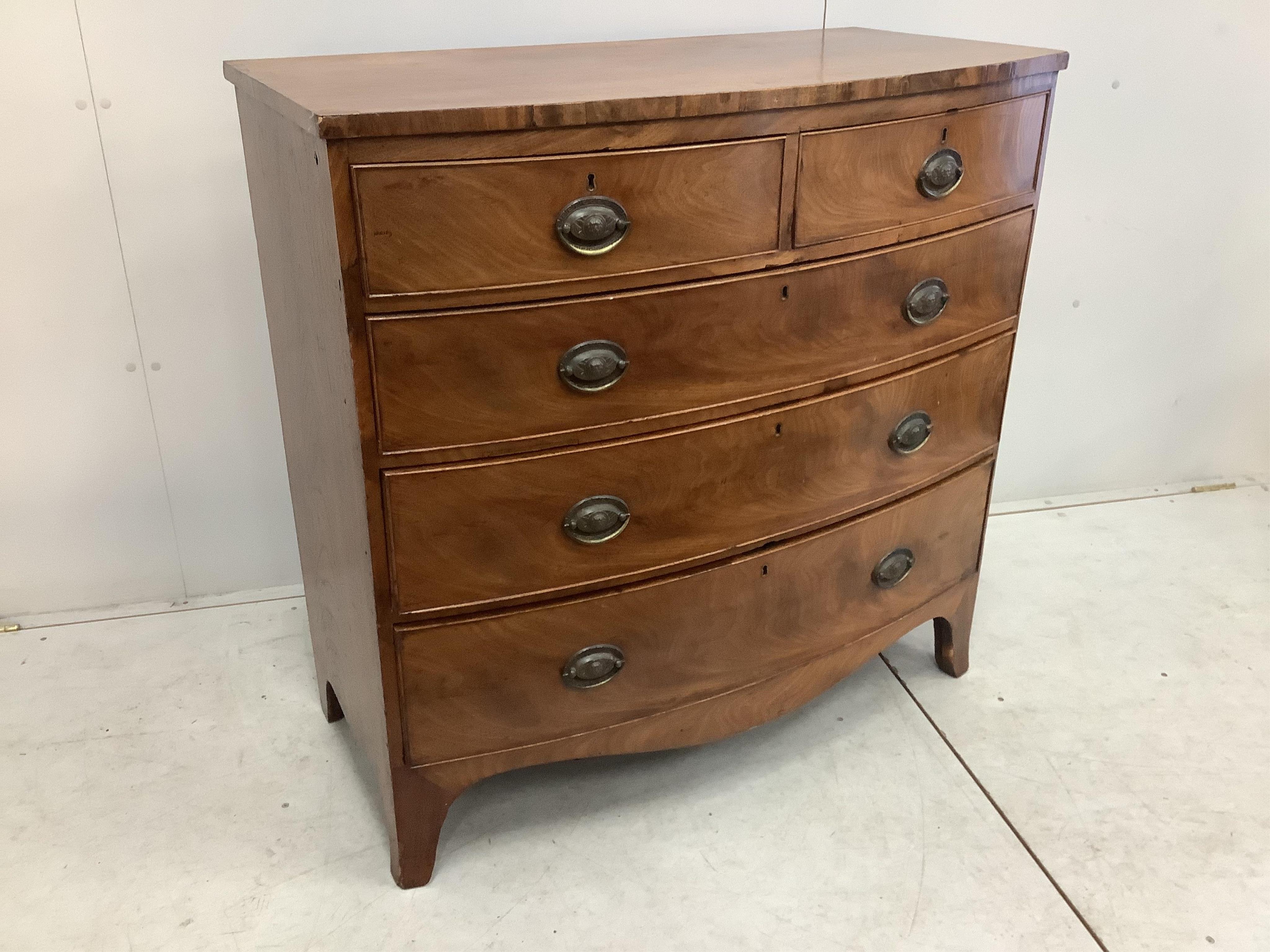 A Regency mahogany bow front chest, width 104cm, depth 52cm, height 101cm. Condition - fair